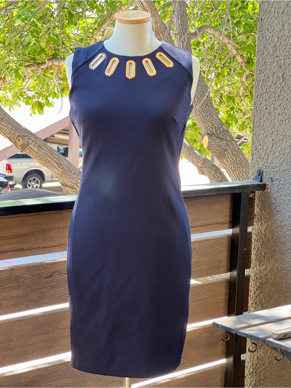Michael Kors Navy Sheath Dress with Gold Hardware